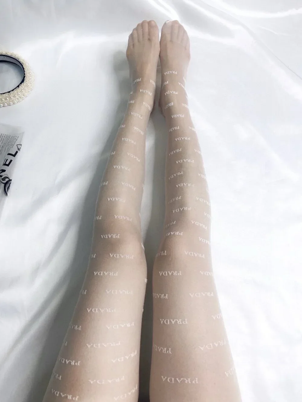 ✨ Prada logo flocked sheer white letter pattern stockings